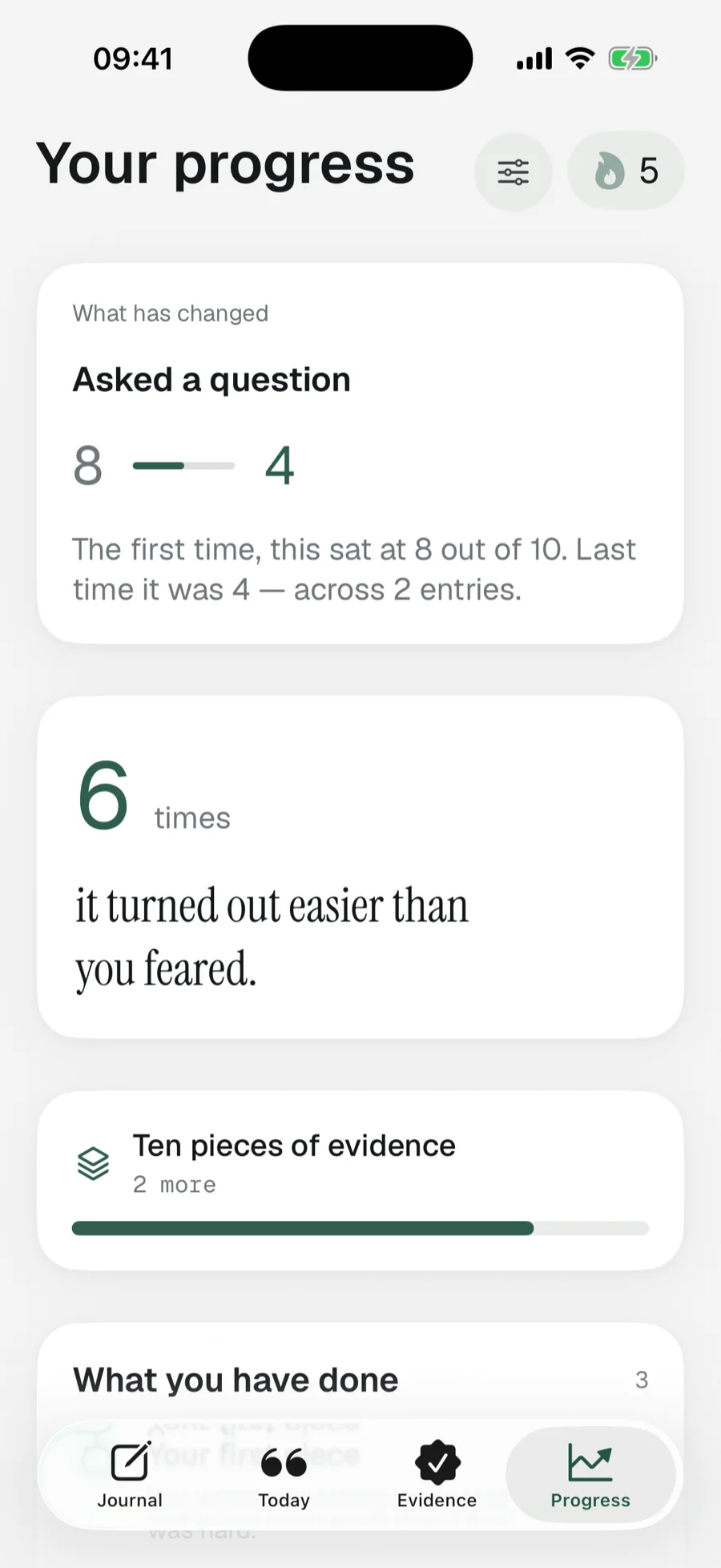 Progress screen showing dread dropping from 8 to 4 for the same situation